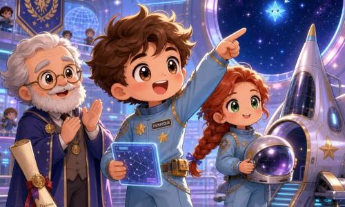 Um jovem (Henrique, ~22 anos) de rosto redondo, cabelo castanho desgrenhado e olhos grandes e brilhantes, sorrindo com excitação e vestindo uma roupa espacial azul-claro com emblemas dourados, segura um pequeno mapa estelar luminoso e aponta para a estrela azul chamada 