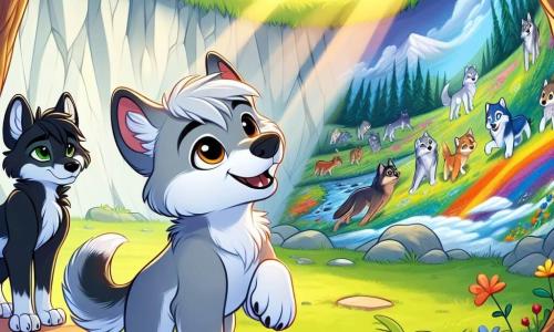 No primeiro plano, Lupi, um jovem lobo de pelagem cinza clara, com grandes olhos curiosos e um sorriso amigável, está de pé em uma pequena colina, com as patas dianteiras ligeiramente levantadas, mostrando seu entusiasmo. Ele admira um magnífico mural colorido que criou com seu amigo, com as orelhas em pé e uma expressão de orgulho. Ao lado dele, Koda, um lobo de pelagem negra brilhante, está um pouco atrás, com um olhar de admiração. Seus olhos brilham de esperança e confiança, enquanto toca suavemente o mural com a pata, como se quisesse ter certeza de que é real. O cenário é uma clareira ensolarada, cercada por árvores majestosas com folhas verdes vibrantes. O mural, na parede de uma caverna, é uma explosão de cores vivas, representando cenas da floresta com lobos de várias tonalidades, simbolizando unidade e diversidade. Flores silvestres e raios de sol filtram pelas árvores, adicionando um toque de magia à atmosfera. A cena principal mostra Lupi e Koda, orgulhosos de sua obra, cercados por outros jovens lobos que se aproximam, curiosos e intrigados pelo mural. A atmosfera é alegre e cheia de esperança, ilustrando a mensagem de aceitação e celebração das diferenças.