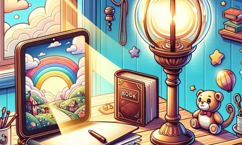 An illustration of a small tablet with a bright screen and rounded edges, displaying an expression of curiosity and wonder. It is placed on a wooden table, surrounded by colorful toys and books. Nearby, a vintage lamp with a soft, warm light seems to observe the tablet with a benevolent expression, as if sharing its wisdom. An old book with a leather cover and yellowed pages is open on a chair, its pages slightly turned by a gentle breeze, ready to tell a fascinating story. The main setting is a bright and welcoming room filled with toys, books, and natural light filtering through a window, creating a warm and inspiring atmosphere. The main situation shows the tablet dreaming of adventures beyond its screen, while the lamp and the book seem to encourage it to explore the outside world, where stories come to life. Other graphic elements include sunbeams illuminating the scene, bright and cheerful colors, and details like scattered toys and colorful book covers, evoking a world of imagination and discovery.