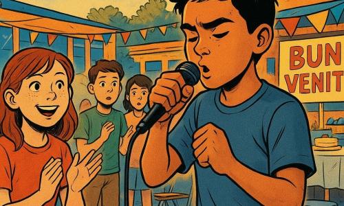 O fată de 12 ani, Mara, cu fața rotundă, pistrui și păr șaten lejer prins, privește cu mândrie și blândețe, aplaudă și face un mic semn de încurajare cu mâna lângă scenă; un băiat de aproximativ 12 ani, Amir, de origine medio‑orientală, piele măslinie și păr scurt, în tricou simplu, e la microfon pe scenă făcând beatbox, cu gura expresivă și o postură concentrată; un mic grup de colegi (11–13 ani), băieți și fete, stă în spate, unii mirați, alții aplaudând timid; scena are loc în curtea școlii, după‑amiaza târziu, cu decorațiuni colorate, scaune aliniate, masă cu prăjituri și panouri pictate, lumină caldă, umbre moi și culori vii; momentul cheie: Amir tocmai a terminat un pasaj ritmat, mulțimea începe să aplaude, iar Mara îl susține cu un zâmbet larg și încrezător; compoziție: plan mijlociu cu scenă și public apropiat, detalii clare (microfon, pancartă cu inscripția Bun venit!, bețe de percuție desenate) pentru a transmite căldură și acceptare.