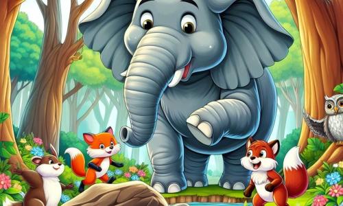 Un elefant pe nume Eli, mare și majestuos, cu piele gri și urechi late ca niște pânze, stă în centrul scenei, având o expresie de hotărâre și bucurie. Lângă el, o vulpe jucăușă, cu blana roșie strălucitoare și ochi jucăuși, observă cu curiozitate, în timp ce un iepuraș zglobiu, cu blana albă și urechi mari, sare de bucurie. O bufniță înțeleaptă, așezată pe o crenguță, cu pene maronii și ochi rotunzi, privește scena cu un aer gânditor. Decorul este o pădure luxuriantă, plină de copaci majestuoși cu trunchiuri groase și flori colorate, iar un râu limpede curge în fundal, dar este blocat de o stâncă mare și umedă. Situația principală arată cum Eli și prietenii săi colaborează pentru a împinge stânca și a elibera apa din râu, ilustrând spiritul de echipă și prietenia care îi leagă.
