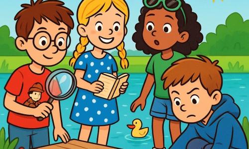 Er zijn 4 kinderen: - Sam: een 9-jarig jongen met rommelig bruin haar en ronde bril. Hij houdt een grote, glanzende vergrotglas vast en draagt een rood t-shirt met een detective-tekening. - Fien: een 8-jarig meisje met gevlochten blond haar en een stralende glimlach. Ze draagt een blauwe stippenjurk en houdt een klein notitieboekje in haar handen. - Noor: een 9-jarig meisje met krullend zwart haar en een zonnebril op haar hoofd. Ze draagt een groene t-shirt en een spijkerbroekshort, en kijkt nieuwsgierig om zich heen. - Bram: een 8-jarig jongen met kastanjebruin haar en een ondeugend gezicht. Hij draagt een blauwe hoodie en zit in een hurkpositie, terwijl hij geconcentreerd naar een jamvlek op de grond kijkt. De kinderen staan op een houten pier boven een glinsterende vijver. De zon schijnt en er zwemmen rustig eenden in de buurt. Kleurrijke bloemen omringen de pier en voegen kleur toe aan de scène. De kinderen zijn bezig een mysterie op te lossen: ze ontdekken rode jamvlekken op het hout van de pier, terwijl Sam zijn vergrotglas gebruikt om de aanwijzingen te onderzoeken. De andere kinderen kijken opgewonden, klaar om het mysterie van de verdwenen jam te ontrafelen.
