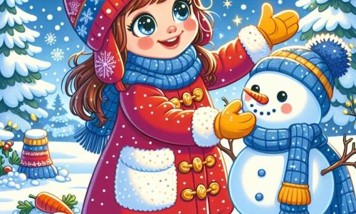 O fetiță de 4 ani, pe nume Ioana, cu ochi mari și strălucitori și obraje roz, construiește un om de zăpadă. Poartă o haină roșie aprinsă, o căciulă din lână albastră și mănuși galbene, zâmbind entuziast, cu brațele ridicate în semn de victorie. Lângă ea, mama ei, Maria, în vârstă de aproximativ 30 de ani, are părul brun prins în coc și poartă o eșarfă colorată. Zâmbind cu mândrie, ține o morcov pentru nasul omului de zăpadă, stând ușor în spate pentru a admira creația lor. Decorul este un peisaj de iarnă feeric, cu fulgi de zăpadă căzând ușor din cer, copaci acoperiți cu zăpadă strălucitoare și un cer albastru deschis. Scena principală arată pe Ioana și mama ei modelând un om de zăpadă, plini de bucurie și complicitate, în timp ce soarele de iarnă le luminează ziua magică.