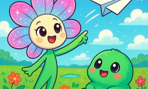 Kiku, una lumafolia dai petali scintillanti e traslucidi, sorride con occhi pieni di curiosità. Si trova in piedi su un terreno verdeggiante, circondata da fiori vivaci, mentre tiene un piccolo aereo di carta che ha appena lanciato in aria. Bobo, un extraterrestre rotondo e peloso di colore smeraldo, osserva con meraviglia, i suoi grandi occhi brillanti di gioia. È seduto sull'erba, accanto a Kiku, con le mani appoggiate sulle ginocchia, pronto ad applaudire il volo dell'aereo. Il luogo è un vasto campo umido, punteggiato da piccole pozzanghere che riflettono il cielo blu e le nuvole soffici. I fiori colorati danzano dolcemente sotto la leggera brezza, creando un'atmosfera magica e gioiosa. La scena principale mostra Kiku che lancia il suo aereo di carta, mentre Bobo la incoraggia con un sorriso felice, entrambi immersi in un momento di scoperta e amicizia sotto un cielo luminoso.