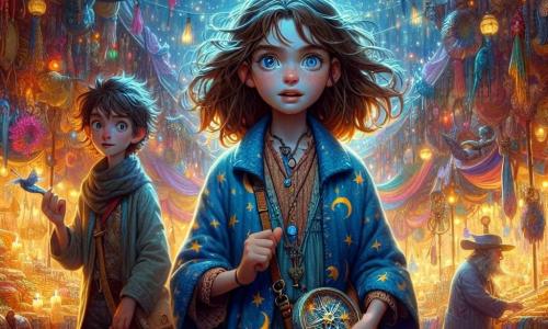 An 11-year-old apprentice witch named Kit stands center stage, her eyes shining with curiosity and excitement. She has messy brown hair, a blue dress adorned with moon and star patterns, and a small shoulder bag filled with potions. Kit holds a metal compass in her hand, determined to uncover the mysteries of the night market. Beside her is Jo, a 12-year-old boy with tousled hair and a mischievous smile, holding a bird-shaped whistle and marveling at the wonders of the market. In the background, Gran, an elderly woman with gray hair and round glasses, stands slightly back, arms crossed with a warm smile, proudly watching her granddaughter. The setting is a magical night market illuminated by colorful lanterns floating in the air, surrounded by wooden stalls filled with sparkling potions, ancient maps, and mysterious mirrors. The atmosphere is vibrant, filled with bright colors and enchanting sounds, creating a fairy-tale and warm ambiance. The main scene shows Kit, Jo, and Gran at the heart of this market as they discover magical items and meet fascinating characters, with a palpable sense of adventure and mystery in the air.