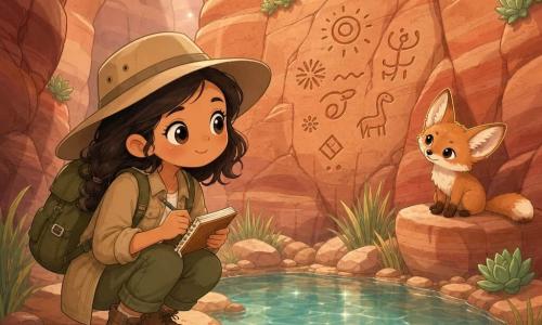 A happy, determined young woman explorer with bright eyes wears a beige wide-brim hat, an olive backpack, a light khaki jacket and dusty boots, crouching to write in a small notebook by a shimmering circular oasis in an intimate ochre-and-red canyon; a small red desert fox with curious eyes watches from a rock to her right, head tilted; she studies and records carved symbols on the nearby wall, calm wonder, warm colors, soft contrasts, child-friendly centered composition.