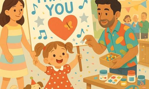 A joyful 4-year-old girl with light brown hair in pigtails, wearing a red-and-white polka dot dress and shiny red shoes, holds a painted cardboard sign with a red heart, blue musical notes, silver stars and jingling bells; her mother stands beside her with a gentle smile, holding her hand; a man named Jorge in his 30s–40s with olive skin and a colorful shirt helps decorate the sign, placing stickers and holding a box of small bells; a small parade dog in a pink ribbon costume and party hat trots nearby; the sunny village square has light cobbles, blue, yellow and pink banners, a craft table with paints, stickers and ribbons, and a small wooden podium with confetti; the girl parades proudly holding her 