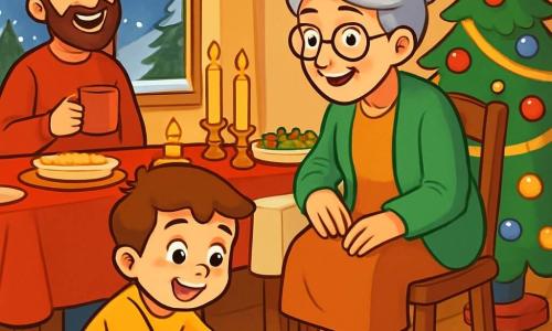 Um menino de 6 anos, Tomás, com cabelo castanho e olhos brilhantes de curiosidade, está sentado no chão, com as mãos estendidas em direção a um botão dourado em forma de estrela, com um grande sorriso de admiração no rosto. Ao seu lado, uma mulher de cerca de 60 anos, a avó, com cabelo grisalho preso em um coque e óculos redondos, sorri ternamente enquanto lhe conta uma história, sentada em uma cadeira de madeira perto da mesa. Um homem de cerca de 35 anos, o pai, com barba castanha e um suéter vermelho, ri alegremente segurando uma caneca de chocolate quente, em pé perto da janela. A cena ocorre em uma acolhedora sala de jantar decorada para o Natal, com uma grande mesa coberta por uma toalha vermelha, pratos brilhantes e velas douradas que iluminam o ambiente. Flocos de neve caem suavemente do lado de fora, criando uma paisagem mágica através da janela. A situação principal mostra Tomás descobrindo o botão-estrela sob a mesa, um momento mágico de curiosidade e alegria, cercado pelo amor e calor de sua família, enquanto a magia do Natal envolve o ambiente.