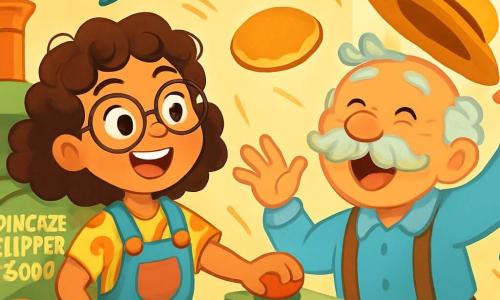 A young woman, Pippa, smiling and full of energy, with curly hair and round glasses, stands in front of a whimsical machine, the Pancake Flipper 3000. She wears a colorful overall and a pancake-patterned t-shirt, her eyes sparkling with excitement as she presses a red button. Next to her, an elderly man, Mr. Bumble, with graying mustache and a straw hat, laughs while trying to catch his hat flying in the air, a pancake landing right next to him. The setting is a bright workshop filled with gadgets, scattered machine parts, and drawings on the walls, with sunlight streaming through a window. The main scene shows Pippa and Mr. Bumble laughing together as the machine sends pancakes and utensils flying, creating a joyful and dynamic atmosphere.