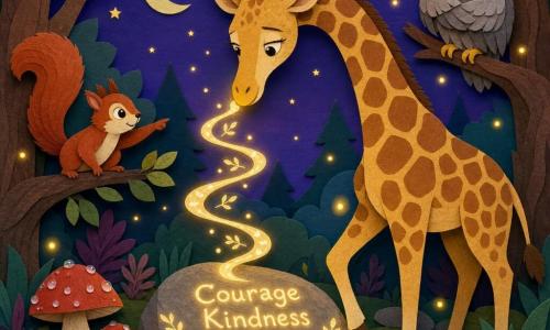 A tall, slender giraffe with golden, light-brown-spotted fur, gentle and shy, stretches its neck to read a ribbon of light and rests a delicate hoof on moss while a small red squirrel on a low left branch points the way and a round serious gray owl with amber eyes on a high right branch watches; fireflies float as yellow pinpricks; the enchanted forest clearing has emerald moss, red-capped dewy mushrooms, textured trunks and a violet-blue night sky; the giraffe discovers the ribbon writing a luminous message on a smooth central stone, creating a soft, magical atmosphere of wonder.