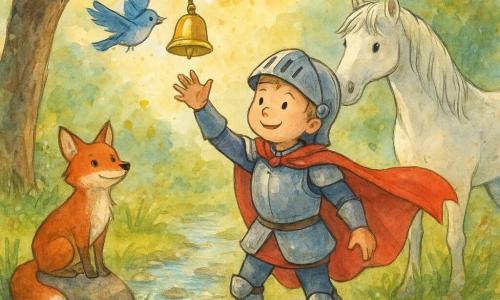 Sir Teddy, a determined eight-year-old knight with slightly dented shining armor and a red cape billowing, reaches for a small golden bell stuck on a low branch as it glints in the late-afternoon light and begins to fall into his outstretched hand; behind him stands Star, the white horse with a soft breath and wispy mane ready to step back, while Felix the red fox sits on a stone to the left, ears up and watching from the stream’s edge, and Blue, a small female blue bird, flutters near the branch to nudge the bell; the scene is a clear, sparkling stream with wet round pebbles, green grasses, wildflowers, textured tree trunks and watercolor foliage, warm colors and controlled splashes of paint creating a joyful, serene atmosphere.