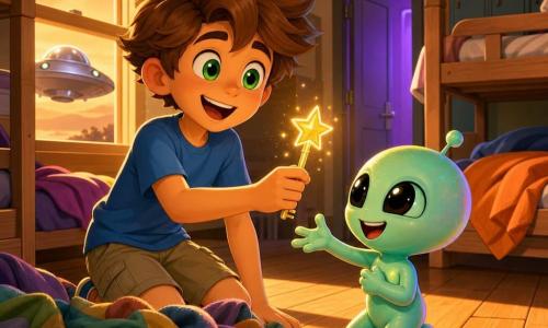 An 8-year-old boy, Max, smiling and amazed with tousled light brown hair and bright green eyes, wearing a blue t-shirt and khaki shorts, holding a sparkling star-shaped key, body turned toward the light in a dynamic happy pose; a small round alien named Zog with iridescent mint skin, large soft black eyes and a smiling mouth kneels beside him, reaching a relieved hand toward the key; a small silver saucer is parked outside, visible through the dorm's open window, with metallic reflections and a partially open door emitting a purple glow; the dorm is simple and warm with light-wood bunk beds, rumpled colorful blankets, soft wall lamps, lockers in a corner and a wooden floor; it's twilight with golden light filtering through the window, long soft shadows and visible dust motes; the main moment shows Max finding the star key tangled in a multicolored blanket at the dorm corner and Zog expressing great relief— a slow-motion joyful friendship scene; visual style: warm saturated colors, crisp outlines, smooth slightly plastic textures and exaggerated, highly readable childlike facial expressions.