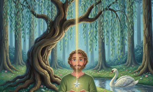 A man named Eldric, soft-featured and bearded with tousled light brown hair, wears a moss-green linen tunic and stands serene and amazed in the center of a clearing, holding a small glowing star in his open hands as a golden beam of light shoots from it toward the starry night sky while a path of light descends from the heavens to him; an ancient, massive weeping willow with a twisted trunk and silvery-green drooping branches bows above him, its roots visible, and a silver swan floats on a dead arm of a shimmering stream to the right, surrounded by tall trees with textured trunks and bluish foliage, emerald moss, luminescent pink and purple flowers, and scattered silver stones, the composition centered on Eldric’s hands and the ascending beam, with warm light contrasts against the cool tones of the woods.