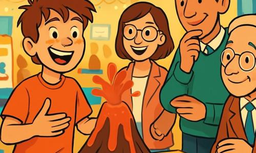 A 12-year-old boy, Jamie, with messy brown hair and freckles on his nose, beams with pride as he presents his homemade volcano, overflowing with bubbly red "lava," to a group of admiring judges. Next to him, his best friend Marcus, also 12, with short blonde hair, enthusiastically claps with bright eyes of excitement. He wears a blue t-shirt and stands slightly back, ready to support Jamie. The scene is set in a colorful gym filled with tables showcasing various science projects, with festive banners hanging from the ceiling and twinkling lights creating a joyful atmosphere. Jamie, overflowing with confidence, passionately explains his volcano project while the intrigued judges approach to admire his work.