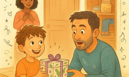 An 8-year-old boy with a flour-dusted nose and messy chestnut hair, smiling proudly, holds a small dinosaur-paper decorated box in front of an open coat cupboard; the father (35–40) with short salt-and-pepper hair and stubble, crouched and surprised, opens the box while the mother (30–40) stands by the door with hands on her heart, smiling; warm morning kitchen-living room with light wood floor, flour-stained table and a cookie jar in the open cupboard; tender moment as the boy gives a hidden box of notes and drawings to his father for Father's Day, warm colors, childlike details (crocodile drawings, chipped blue mug, small rug with footprints), soft-line pastel illustration with paper texture and doodle accents.