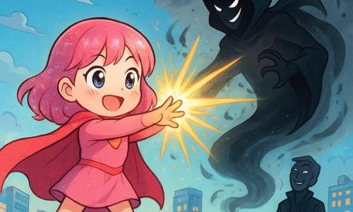 A round-faced smiling female superhero with pink stardust glitter hair, bright pink cape and sparkling blue boots, large kind eyes, focused and joyful, arms outstretched casting golden-yellow light rays that capture a swirling shadow; behind her stands Mister Gloom, an adult male spirit in a flowing dark coat with sharp features and mischievous eyes, laughing softly as his shadow is seized; a small group of relieved, amazed townspeople (a girl ~8, a boy ~10, adults) watch from a safe distance on a grassy hill at the city's edge, hands raised; textured green grass, cape rippling in the wind, Sparkleton skyline of colorful buildings with glowing windows, blue sky breaking through dissipating dark clouds; scene of light triumphing over shadow, strong contrast between warm rays and cold darkness, dynamic swirling motion, optimistic heroic mood, clear child-friendly manga style with bright colors, clean lines and friendly exaggerated expressions.