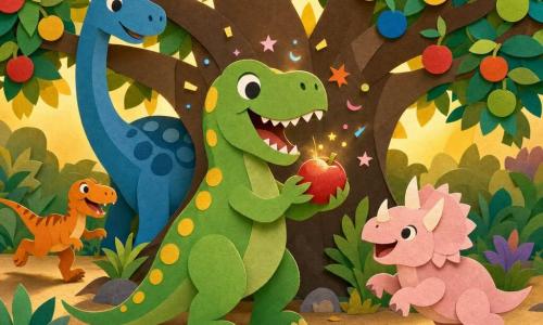 Un Tyrannosauro Rex di nome Tito, sorridente e meravigliato, dalle scaglie verde chiaro macchiettate di giallo, zampe grandi e piccole mani, tiene delicatamente un frutto rosso brillante nelle sue grinfie mentre lo assaggia sotto un enorme albero; a destra Trilly, un piccolo Triceratops rosa pallido con tre corna tonde, saltella di gioia, dietro Tito Dino, un grande Diplodoco azzurro dal collo lungo, si china a contemplare l'albero, e Lillo, un Velociraptor arancione vivo, corre sullo sfondo; l'albero ha rami larghi pieni di frutti arcobaleno e foglie a effetto carta ritagliata, luci dorate filtrano tra i rami e intorno a Tito scaturiscono piccole scintille colorate e sorrisi, atmosfera calda, colori vivaci e contorni netti come carta ritagliata.