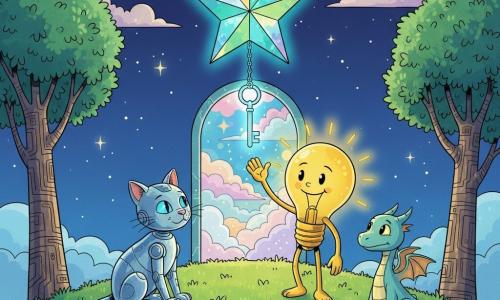 The main character is Benny, a cheerful living lightbulb mascot with a smiling face on a warm yellow glass globe, a visible golden filament and thin metal arms waving toward a large sparkling star; Luna is a small silver-chromed robot cat with bright blue LED eyes, sitting left of Benny watching a key hanging from the star; a shy pastel-blue baby dragon with soft scales and translucent wings stands right of Benny with a paw on the hill, looking at a glowing door opening behind them; the magical key hangs beneath a faceted crystal-like star with turquoise inner light and rainbow reflections at the center of the scene; the setting is a stylized grassy summit with vibrant green grass, bioluminescent flowers, metallic-trunk trees engraved with circuits, and a deep night sky dotted with holographic stars and pastel floating clouds; the friends are lit by the star’s glow as the open luminous door reveals a colorful cloud world, in a magical futuristic mood with clear composition, high-contrast colors and clean lines in a European comic style.