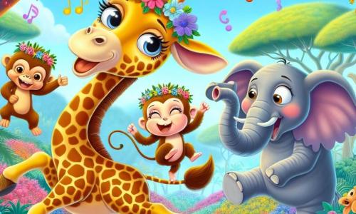O girafă veselă numită Gina, cu un gât lung și pătat și ochi strălucitori de fericire, dansează în mijlocul unei junglei colorate, înconjurată de flori strălucitoare și frunziș luxuriant. Poartă o coroană de flori pe cap și are un mare zâmbet pe față, exprimându-și bucuria. Lângă ea, Bobo, o maimuță jucăușă, face piruete pe o ramură, râzând și încurajând-o pe Gina să danseze. Un elefant numit Elly, mare și impunător, se mișcă încet, adăugând o notă comică scenei. În fundal, jungla este plină de copaci măreți și animale curioase care privesc dansul cu uimire, creând o atmosferă festivă și plină de râsete.