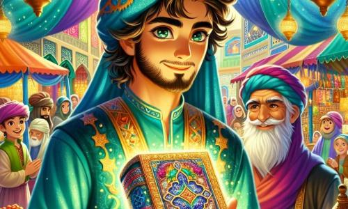 Een man genaamd Zayd, in zijn dertig, met sprankelende ogen en krullend bruin haar, staat in het midden van het podium, vastberaden en nieuwsgierig. Hij draagt een turquoise zijden tuniek versierd met gouden patronen en houdt een oud boek met glinsterende pagina's vast, klaar om zijn geheimen te ontdekken. Naast hem staat een oude man genaamd Farid, ongeveer 70 jaar oud, met een lange witte baard en een kleurrijke tulband, die warm glimlacht. Hij staat iets naar achteren met gekruiste armen en kijkt met trots naar Zayd. Iets verderop kijkt Sultan Haroun, een man van in de vijftig, in een rijke donkergroene fluwelen mantel, met intense interesse naar de scène, zijn ogen stralend van wijsheid. De scène speelt zich af in een drukke bazaar, vol kleurrijke tenten die in de wind wapperen, schitterende lantaarns en kraampjes vol exotisch fruit en specerijen. Kinderen lachen en spelen eromheen, terwijl handelaren hun waren aanprijzen. Zayd, Farid en de Sultan staan voor een oud magisch boek, omgeven door een aura van mysterie, klaar om in een boeiende avontuur te duiken. Het boek straalt een gouden licht uit, dat de aandacht van iedereen trekt, terwijl kleurrijke rookpluimen om hen heen stijgen, wat de magie suggereert die hen te wachten staat.