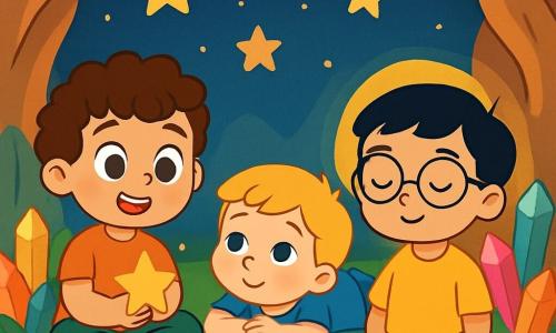 Er zijn 3 personages: - Een 5-jarig jongetje met krullend bruin haar en grote sprankelende ogen. Hij zit met gekruiste benen, glimlachend, met een kleine glinsterende ster in zijn hand. - Een 4-jarig jongetje met blond, steil haar, in een blauwe t-shirt. Hij ligt op zijn buik, met zijn armen onder zijn kin, kijkend naar de fonkelende sterren op het plafond van de grot. - Een 6-jarig jongetje met zwart haar en ronde bril. Hij zit tegenover de andere twee, met gesloten ogen, diep ademhalend en omringd door een zachte lichtstraal. De locatie is een grote grot met glinsterende muren, versierd met kleurrijke kristallen die een zachte en rustgevende licht uitstralen. De vloer is bedekt met een tapijt van groene, zachte mos, wat een warme en comfortabele sfeer creëert. Boven hen straalt een sterrenplafond met gouden sterren die langzaam lijken te dansen. De hoofdscène toont de drie jongens die diep ademhalen, omringd door een kalme en serene sfeer. Ze laten zich meevoeren door het zachte gezang van de wind dat om hen heen fluistert, terwijl de sterren zachtjes fonkelen, wat een magisch en vredig moment creëert voordat ze in slaap vallen.