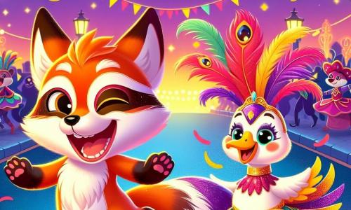 Ein strahlender Fuchs mit funkelnden Augen und leuchtendem Fell tanzt fröhlich auf einem Farbverlauf. Neben ihm hüpft eine kleine Gans mit glänzenden Federn und einem schillernden Kostüm, voller Freude, im Rhythmus mit ihren leuchtenden Augen. Im Hintergrund erhellt ein Dämmerungshimmel eine Karnevalparade auf einem breiten Erdweg, gesäumt von bunten Laternen und wehenden Fahnen. Die Szene ist erfüllt von Lachen und Musik, mit verkleideten Tieren, die zusammen tanzen und eine festliche, warme Atmosphäre schaffen.