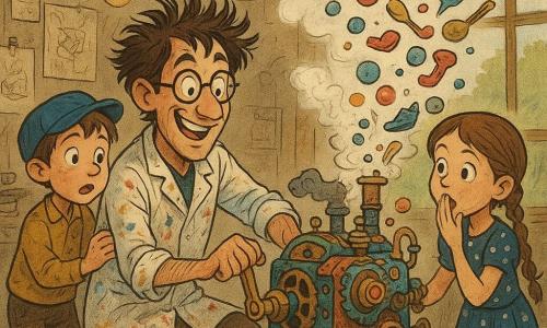 Un hombre entusiasta de cabello despeinado y gafas redondas, sonrisa traviesa, con una bata manchada de pintura sostiene una máquina colorida llena de engranajes que echa humo en pequeñas volutas; está agachado en el centro girando una gran manivela de cobre. A la derecha, una niña de 10 años de trenzas y vestido de lunares mira asombrada, una mano en la boca y la otra señalando una hélice que gira. A la izquierda, un niño de 8 años con gorra azul y pantalones embarrados, preocupado pero fascinado, tira ligeramente de la manga del hombre. El taller es caótico: bancos de madera, paredes cubiertas de bocetos, cajas de tuercas y muelles, bombillas colgantes con luz cálida y una gran ventana hacia un jardín soleado. La máquina está expulsando burbujas multicolores y miniobjetos (zapatos, sombreros, cucharas) y los personajes reaccionan con alegría, sorpresa y temor; se aprecian texturas como metal pulido, madera rayada y humo suave.