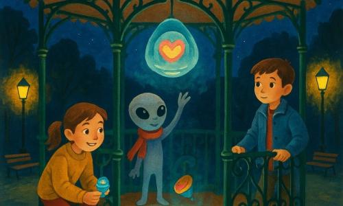 Hay tres personajes: Leo, un chico de unos 11 años, pelo castaño corto, chaqueta azul algo gastada, a la derecha apoyado en la baranda; Marta, una chica de unos 11 años, coleta castaña y suéter amarillo, agachada a la izquierda junto a una rejilla luminosa con un trompo de luz; y Nubi, un pequeño extraterrestre de piel gris perla y grandes ojos negros, con una bufanda roja en el centro sobre el quiosco. El lugar es un viejo quiosco de música circular de madera y hierro forjado, pintado de verde, en un parque nocturno con árboles en silueta, farolas amarillas y cielo estrellado con textura de gouache. Una pequeña nave oval translúcida desciende lentamente sobre el quiosco, emitiendo luz azul verdosa que ilumina los rostros; los tres cantan o susurran sílabas (Zol, Pru, Naa) para guiar el aterrizaje, creando una atmósfera tierna y algo misteriosa.
