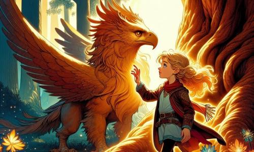 A 12-year-old girl, Elara, with shiny golden hair and sparkling curious eyes, stands in front of a majestic ancient oak in a sunny clearing. She has an expression of determination and wonder, her hand resting on the rough bark of the tree. Nearby, a majestic griffin, with the head of an eagle and the body of a lion, stands proudly, its golden feathers shimmering in the light, watching Elara with a respectful gaze. The clearing is surrounded by imposing tree trunks and bright flowers that seem to dance in the wind, creating a magical and welcoming atmosphere. Elara is ready to discover the secret of the heart of the forest, prepared to face the unknown with courage and hope.