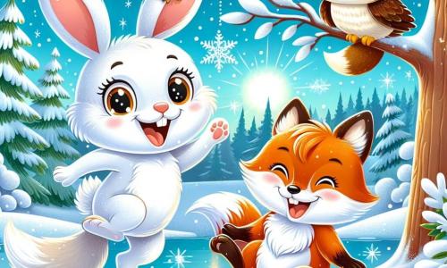 Ein kleiner weißer Hase namens Hopsi, mit großen neugierigen Augen und langen Ohren, hüpft fröhlich im glitzernden Schnee, ein strahlendes Lächeln auf seinem Gesicht. Neben ihm lacht ein schlauer Fuchs namens Felix, mit einem leuchtend orangefarbenen Fell und einem buschigen Schwanz, während er versucht, einen fallenden Schneeflocken zu fangen. Auf einem Ast sitzt eine weise Eule namens Ella, mit braunen Federn und runden Augen, die sie mit einem wohlwollenden Lächeln beobachtet und bereit ist, sie zu ermutigen. Die Szenerie zeigt eine wunderschöne Winterlandschaft mit schneebedeckten Bäumen, einem hellblauen Himmel mit weißen Wolken und einem kleinen gefrorenen Teich in der Ferne, auf dem die Sonnenstrahlen auf dem Eis tanzen. Die Szene fängt den fröhlichen Geist eines Wintertages ein, an dem die Freunde gemeinsam in einer magischen, verschneiten Welt Spaß haben.
