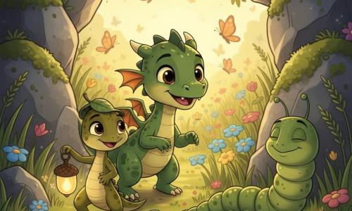 Il personaggio principale è un piccolo drago verde dalle scaglie lucenti, occhi grandi e rotondi, espressione curiosa e gioiosa; sorride e avanza cautamente mettendo una zampa davanti all'altra. Il secondo personaggio è una piccola lucertola amica con un cappellino di foglia, colore oliva con macchie chiare, sguardo malizioso e incoraggiante; tiene una lanterna a forma di ghianda e cammina davanti al drago guidando la via. Il terzo è un grosso bruco verde, morbido e peluche, occhi semichiusi, espressione sognante, sdraiato sull'erba a destra del sentiero. Il luogo è un tunnel tra due grosse pietre grigie coperte di muschio che si apre su un prato luminoso pieno di fiori multicolori (blu, rosa, giallo), erbe alte che ondeggiano e grandi farfalle dalle ali traslucide; una luce dorata filtra dall'apertura. La scena mostra i due amici che escono dal tunnel verso il prato segreto, la lucertola con la lanterna e il piccolo drago meravigliato; atmosfera dolce, colori vivaci, contorni arrotondati, composizione centrata e chiara per la lettura immediata di un bambino.