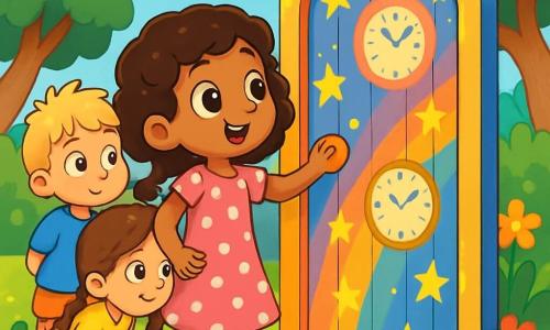 Una bambina di 6 anni, Sofia, con capelli castani e ricci, grandi occhi brillanti di curiosità, è davanti a una porta magica colorata, il viso illuminato dallo stupore. Indossa un vestito rosa a pois bianchi e sandali gialli, e tende la mano verso la maniglia della porta, pronta ad aprirla. Accanto a lei, il suo amico Luca, un ragazzo di 6 anni con capelli biondi disordinati e una maglietta blu, guarda la porta con un misto di eccitazione e apprensione. Giulia, un'altra amica di 6 anni, con capelli castani intrecciati, indossa una gonna verde e scarpe bianche, e si china leggermente in avanti, impaziente di scoprire cosa si nasconde dietro la porta. Il luogo è un giardino soleggiato, pieno di fiori colorati e grandi alberi verdi, con un cielo blu brillante sullo sfondo. La porta, decorata con motivi di stelle e orologi, sembra scintillare alla luce del sole, creando un'atmosfera magica e intrigante. La scena principale mostra Sofia, Luca e Giulia, riuniti attorno alla porta, pronti a entrare in un mondo di avventure straordinarie, con i volti raggianti di anticipazione e gioia.