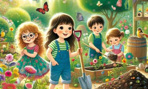 Em um jardim luxuriante, quatro crianças estão ativamente envolvidas. Ana, uma menina de 8 anos com longos cabelos castanhos e um vestido colorido, sorri enquanto segura uma pá, pronta para plantar sementes. Ao lado dela, João, um garoto de 9 anos com cabelos loiros bagunçados e uma camiseta verde, observa atentamente as flores crescendo. Mais adiante, Luísa, uma menina de 7 anos com tranças e um macacão azul, mistura restos de frutas em uma pilha de composto, com as mãos sujas de terra. Por fim, Pedro, um garoto de 8 anos com óculos e um chapéu de palha, mostra orgulhosamente uma abelha que está polinizando uma flor próxima. O jardim é repleto de flores coloridas, borboletas e árvores majestosas, iluminado pela luz dourada do sol, enquanto pássaros cantam nos galhos e um pequeno caminho de cascalho serpenteia entre os canteiros de flores. As crianças estão plantando sementes e preparando composto, aprendendo a importância de cuidar da natureza e proteger o meio ambiente.