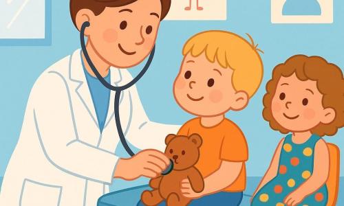 Una dottoressa, la dottoressa Anna, sorridente e benevola, indossa un camice bianco e ha uno stetoscopio appeso al collo. Ha i capelli castani raccolti in un chignon e occhi che brillano di dolcezza. Sta visitando un bambino di 4 anni, con capelli biondi e guance rosa, seduto su un tavolo di visita. Lui la guarda con curiosità, tenendo un piccolo orsetto di peluche tra le braccia. Nella stanza, un'altra bambina di 3 anni con capelli ricci e un vestito colorato osserva sorridendo, seduta su una sedia, impaziente di vedere cosa succede. La stanza è luminosa, con pareti dipinte di azzurro chiaro, poster di cartoni animati sulla salute e giocattoli colorati sparsi sul pavimento. La scena principale mostra la dottoressa Anna che ascolta il cuore del bambino con lo stetoscopio, mentre lui sorride, rassicurato dalla sua presenza calorosa.