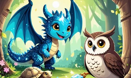 Un pequeño dragón con escamas brillantes que parecen diamantes vuela alegremente sobre un claro del bosque, con una amplia sonrisa en su rostro y ojos llenos de determinación y entusiasmo. A su lado, un sabio búho de plumas marrones y grandes ojos amarillos observa la escena con una expresión seria pero benevolente, posado en una rama. En el suelo, una tortuga de caparazón colorido, con una actitud tranquila y reflexiva, recoge basura con sus patas, mostrando su compromiso con la protección de la naturaleza. El lugar es un claro verde rodeado de majestuosos árboles con hojas brillantes, donde flores multicolores florecen y un arroyo cristalino serpentea suavemente, reflejando la luz del sol. La situación principal muestra al dragón y sus amigos organizando una gran fiesta para concienciar a los humanos sobre la protección de la naturaleza, con decoraciones florales y juegos divertidos que atraen la atención de los curiosos visitantes.