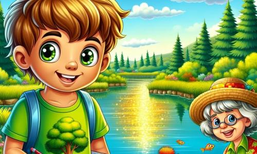 Um garoto de 10 anos, chamado Pedro, com cabelos castanhos bagunçados e olhos brilhantes de curiosidade, está em pé à beira de um lago, com o rosto iluminado por um grande sorriso de excitação. Ele veste uma camiseta verde vibrante com um padrão de árvore e um short jeans, segurando um bloco de notas e um lápis nas mãos, pronto para anotar sobre a natureza ao seu redor. Ao seu lado, uma mulher de cerca de 60 anos, Dona Joana, com cabelos grisalhos e um sorriso acolhedor, usa um chapéu de palha e uma blusa colorida. Ela se inclina levemente para Pedro, mostrando uma planta rara que cresce perto do lago e compartilhando sua sabedoria sobre a natureza. O cenário é uma reserva natural exuberante, com árvores majestosas, um céu azul com nuvens brancas fofas e flores silvestres coloridas ao longo do caminho. O lago brilha sob o sol, refletindo tons dourados e com alguns peixes saltando na superfície. A cena principal mostra Pedro e Dona Joana observando a natureza, enquanto Pedro anota sobre o estado do lago, determinado a ajudar a proteger esse ecossistema valioso.