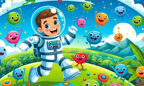 Een mannelijke astronaut genaamd Sam, met een grote glimlach en sprankelende ogen, draagt een felblauw ruimtepak met zilveren details. Hij danst vrolijk op een kleurrijke planeet, omringd door groene planten en schitterende bloemen. Kleine buitenaardse wezens, rond van vorm en in felle kleuren, springen om hem heen. Ze hebben grote, ronde ogen en lijken erg blij. Sommigen zijn vergelijkbaar in grootte met Sam, terwijl anderen kleiner zijn, en ze hebben allemaal plezier samen. Het decor is een groene planeet, met een heldere blauwe lucht bezaaid met donzige witte wolken. In de verte tekenen zich bergen af aan de horizon, en sterren schitteren zwakjes aan de hemel. De belangrijkste situatie toont Sam en zijn nieuwe buitenaardse vrienden die samen spelen, lachen en dansen, terwijl een lichte bries begint te waaien, wat een verandering in de sfeer aankondigt.
