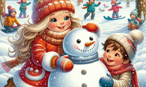 A 9-year-old girl with long blonde hair and rosy cheeks is building a snowman in a snowy park. She is wearing a bright red coat, a wool hat, and colorful gloves, her face shining with joy and excitement. Next to her, her 6-year-old brother Max, with messy brown hair and a bright smile, is rolling a huge snowball, his eyes sparkling with happiness. The park is covered in a thick layer of sparkling snow, with trees laden with white flakes and children sledding in the distance. The scene captures the magic of winter, with snowflakes gently falling from the sky as the girl and her brother enjoy making their snowman, surrounded by laughter and joy.