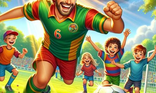 Un uomo alto e forte, con un sorriso splendente e capelli castani, dribbla un pallone da calcio su un campo verde. Indossa una maglietta colorata e pantaloni corti, e il suo sguardo è pieno di gioia e determinazione. Accanto a lui, un ragazzo di 8 anni con capelli ricci e una maglietta blu alza le braccia al cielo, gridando di eccitazione dopo un tiro spettacolare. Un altro ragazzo, di 7 anni, con un cappellino rosso, si prepara a ricevere la palla, i suoi occhi brillano di felicità. Il luogo è un parco soleggiato, con alberi verdi sullo sfondo, fiori colorati che circondano il campo e altri bambini che giocano in lontananza, creando un'atmosfera gioiosa e vivace. La scena principale mostra il momento in cui Marco, il protagonista, segna un gol incredibile, circondato da risate e applausi dei bambini, illustrando lo spirito di squadra e la gioia del gioco.