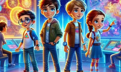 In a futuristic control room, four children stand together, ready for adventure. Max, a ten-year-old boy with messy brown hair and sparkling blue eyes, is at the center with his hands on his hips, showing a determined smile. To his left, Leo, a boy with blond hair and round glasses, gazes in fascination at a holographic screen, his eyes wide. On the right, Sam, a girl with braided brown hair wearing a colorful t-shirt, curiously examines a glowing device, leaning forward. Finally, Finn, a boy with red hair and freckles, stands behind them, excitedly pointing at a glowing map on the wall. The room features sparkling glass walls and pulsating blue lights, with floating holographic screens displaying colorful data and city maps. Bright cables snake along the floor, and a large central panel shows an image of a giant tree, symbolizing the city's energy. The main situation reveals the children discovering that the heart of their city, the Eco-Core, is in danger. They regroup, determined to save their metropolis, as flashing alerts create an atmosphere of urgency and excitement.