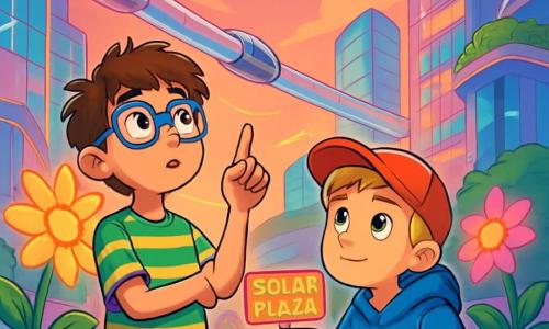 There are two main characters: Jaden, a 10-year-old boy with electric blue glasses, messy brown hair, and a green and yellow striped t-shirt, standing with his arms crossed, curiously looking up at the sky; and Milo, a 10-year-old boy with blonde hair and a red cap, wearing a blue hoodie, crouching and holding his Blip drone, a small brightly colored flying device ready to take off. The main setting is Solar Plaza, a large futuristic square surrounded by sparkling glass buildings and hanging gardens. Brightly colored solar flowers bloom around them, and transparent tubes transport silver pods overhead. The sky is tinted pink and orange, while colorful lights dance on the building facades. The main situation shows Jaden and Milo discovering a strange flickering in the energy network above them, with Jaden pointing at the glowing phenomenon while Milo, with Blip beside him, scans the sky with intrigue.