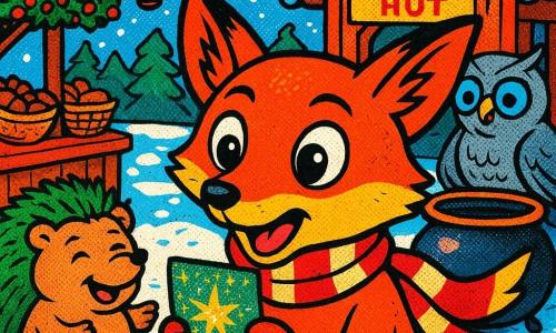 Pip, a young red fox with bright eyes and an excited-anxious expression, holds a small sparkling map and wears a red-and-cream striped scarf fluttering lightly; Mayor Juniper, a grey owl with large round glasses perched on her beak, looks worried and stands near a large copper cauldron with folded wings in the background; a round, smiling hedgehog awkwardly sings a Christmas song on a wooden crate with pine needles on its back to the left; the scene is Pinecone Hollow market square covered in fresh snow with amber glass hanging lanterns, wooden stalls bearing baskets of acorns and holly garlands, and a small cottage labeled Cocoa Hut with a red wooden door; main action: Pip discovers a magical map and realizes the jar of peppermint dust is missing, composition focused on Pip in the foreground with the mayor and cauldron in the background, wintery atmosphere, bright contrasting colors and glittery touches on the map.