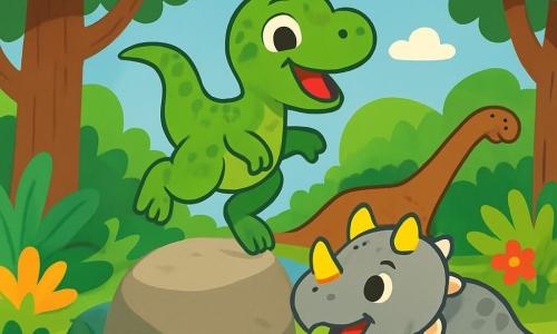 Un velociraptor di nome Dino, con squame verdi brillanti e occhi scintillanti di gioia, salta felicemente su una grande pietra in mezzo a una foresta lussureggiante. Accanto a lui, il suo amico triceratopo Tino, con la pelle grigia e le sue tre corna colorate, sorride incoraggiandolo a saltare ancora più in alto. Sullo sfondo, un diplodoco di nome Lollo, con un lungo collo e pelle marrone, beve acqua fresca ai bordi di un ruscello scintillante. I tre amici si divertono insieme, ridendo e giocando, creando un'atmosfera gioiosa e amichevole.
