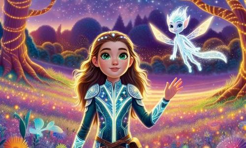 Alya, o tânără cu ochi smarald și păr strălucitor ca o noapte înstelată, se află în centrul unei poieni magice, cu fața iluminată de uimire și determinare. Poartă o costum spațial strălucitor, împodobit cu motive galactice, și ține o sabie magică în mână, pregătită să apere armonia între tehnologie și magie. Lângă ea, un Gardian al Olivastului, o ființă fantastică cu aripi translucide și față umană, plutește grațios în aer, având o expresie binevoitoare și înțeleaptă, ghidând-o pe Alya în înțelegerea misterelor planetei. Locul este o poiană fermecătoare, înconjurată de copaci mari cu trunchiuri luminescente și flori multicolore care vibrează de energie. Cerul este un amestec de violet și aur, cu stele strălucitoare care dansează deasupra lor, creând o atmosferă feerică. Situația principală o arată pe Alya închizând ochii, simțind magia planetei Olivast, în timp ce Gardianul o încurajează să se conecteze cu energia din jur, simbolizând unirea între tehnologie și magie într-o lume fantastică.