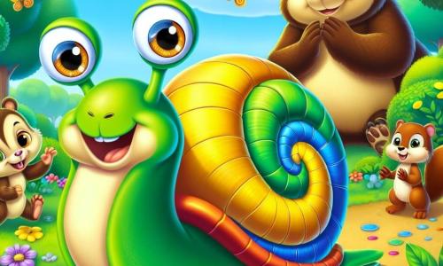 Un melc pe nume Slinky, cu un cochilie colorată în verde și galben, se află în centrul imaginii, cu ochii strălucind de excitație și un zâmbet mare pe față. Se pregătește să participe la o cursă, având cochilia echipată cu mici roți, gata să pornească. La dreapta sa, o veveriță jucăușă pe nume Titi, cu blana maro și ochii sclipitori, aplaudă sărind pe picioarele din spate, plină de entuziasm. La stânga, un urs blând și impunător pe nume Bruno, cu blana maro închis și un zâmbet binevoitor, observă scena cu amuzament, cu brațele încrucișate. Locul este un parc mic și fermecător, plin de flori colorate, copaci verzi și un cer albastru strălucitor, unde razele soarelui filtrează printre frunze. Situația principală arată cum Slinky este pregătit să înceapă o cursă amuzantă cu prietenii săi, înconjurat de râsete și energie veselă.