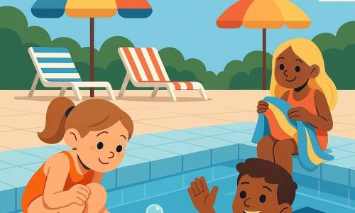 O fată de 10 ani, față rotundă cu pistrui, păr șaten deschis prins în coadă, concentrată timid și ușor fericită, ghemuită la marginea unei piscine suflând bule în apă; un băiat de circa 10 ani (Alex), păr scurt brun, zâmbet încurajator, în apă la câțiva metri, ridicând mâna pentru a aplauza; o fată de circa 10 ani (Clara), păr blond lung, privire jucăușă, așezată pe margine cu picioarele în apă, ținând un prosop colorat și susținând-o pe fată; piscină exterioară cu gresie bleu deschis, apă limpede și scânteietoare, umbrele și prosoape colorate, cer însorit; scenă caldă și optimistă despre învățarea înotului, prietenii o încurajează în timp ce începe să-și scufunde fața.