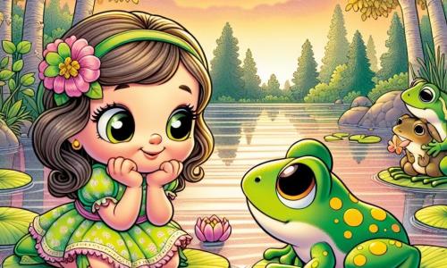 Pe marginea unui lac strălucitor, o mică broască verde numită Lili, cu ochi mari și rotunzi și un zâmbet timid, stă pe o frunză de nuferi, privind gânditoare apa. Pare atât curioasă, cât și puțin tristă, cu labele din față sprijinite pe genunchi. Aproape de ea, mama ei, o frumoasă broască verde cu pete galbene, îi zâmbește blând, stând pe o altă frunză, încercând să o consoleze cu o expresie caldă și iubitoare. De cealaltă parte, tatăl ei, o broască mai mare cu o culoare verde închis și ochi strălucitori, o observă cu un privire încurajatoare, ținând o floare mică în labele din spate. Lacul este înconjurat de copaci mari cu frunze aurii, iar cerul este colorat în nuanțe de roz și portocaliu la apus, creând o atmosferă blândă și reconfortantă. Lili, deși îngrijorată, începe să înțeleagă dragostea care o înconjoară, în timp ce părinții ei îi arată că vor fi mereu acolo pentru ea, chiar dacă nu mai locuiesc împreună.