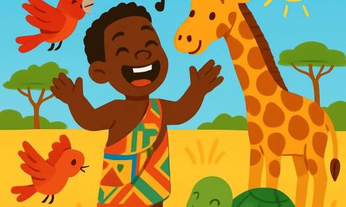 Un hombre llamado Kofi, con una amplia sonrisa y ojos brillantes, está de pie en el centro del escenario. Lleva un pagne colorido con motivos africanos y tiene las manos levantadas cantando alegremente. A su lado, una jirafa de largo cuello, curiosa y amigable, se inclina para escuchar, mientras que una tortuga de caparazón brillante está cerca de sus pies, mordisqueando una fruta jugosa. La escena tiene lugar en una sabana dorada, salpicada de hierbas altas y árboles majestuosos bajo un cielo azul brillante. El sol brilla, creando sombras suaves en el suelo. Kofi organiza una fiesta alegre para los animales, cantando y bailando, mientras los pájaros coloridos vuelan a su alrededor, sumando a la atmósfera festiva. Los animales ríen y se divierten, compartiendo frutas y celebrando juntos en un ambiente de felicidad y amistad.