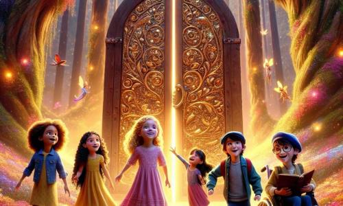 En un mundo mágico, cuatro amigos se encuentran frente a una antigua puerta de madera decorada con patrones brillantes. Lila, una niña de 8 años con cabello rizado y dorado, lleva un vestido rosa y observa la puerta con asombro. A su derecha, Tomás, un niño de 9 años con una gorra azul y una sonrisa valiente, señala la puerta, listo para abrirla. Sofía, una niña de 7 años con un vestido amarillo y gafas redondas, salta de alegría con los brazos en alto, llena de emoción. Finalmente, Miguel, un niño de 10 años en silla de ruedas, sonríe con determinación, sosteniendo un libro de cuentos en sus manos. El escenario es un bosque encantado, donde los árboles son altos y majestuosos, sus hojas brillan en mil colores bajo la luz del sol. Flores de tonos vivos cubren el suelo y criaturas fantásticas vuelan en el aire, añadiendo un toque de magia al entorno. La escena principal muestra a los amigos preparándose para abrir la puerta misteriosa, llenos de anticipación y aventura, mientras una luz deslumbrante escapa de la puerta, prometiendo descubrimientos extraordinarios.