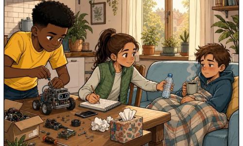 Er zijn drie kinderen: Milo — jongen ~10 jaar, kort kastanjebruin haar, licht rood gezicht en vermoeide ogen, ligt op een lichtblauwe bank rechts onder een geruit deken met een kop thee; Jayden — jongen ~10 jaar, iets donkere huid, korte afro, geel T-shirt, staat links bij de tafel en buigt zich geconcentreerd voorover terwijl hij een klein rijdend robotje repareert; Sem — meisje ~10 jaar, bruin haar in een staart, draagt een groen gilet, zit midden aan de tafel, schrijft in een notitieboek en reikt een fles water naar Milo. De plek is een lichte, warme keuken-woonkamer met lichte houten vloer en een grote houten tafel vol elektronische onderdelen, schroeven en een schroevendraaier; achteraan een raam met zacht namiddaglicht en planten op de vensterbank. Scène: rustige, intieme sfeer, twee vrienden knutselen stil aan een sokzoeker-robot terwijl de zieke maar glimlachende derde op de bank rust; zachte pasteltinten, vriendelijke gezichten en kleine details (zakdoeken, dampende kop, geopende doos met onderdelen) tonen zorg en kameraadschap.